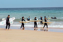 Group of surfers in wetsuits carrying surfboards entering the ocean at a sandy beach