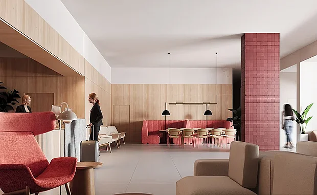 Modern lobby of the Moov Hotel Matosinhos Sul, featuring a reception desk, red lounge seating, light wood paneling, and dining tables.